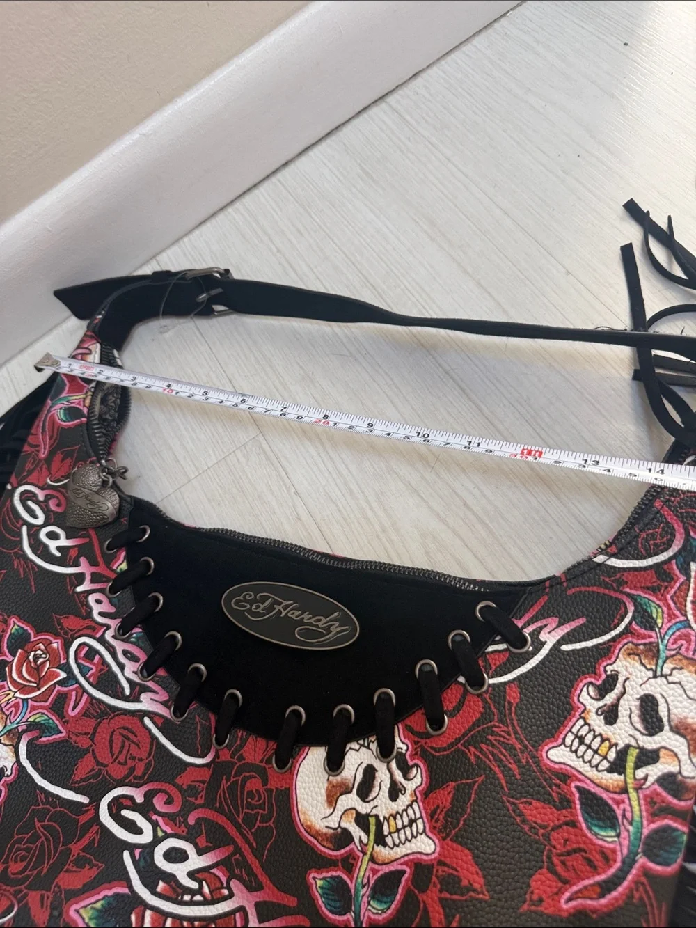 NWT Ed Hardy Skull & Rose Fringe Hobo